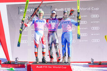 2022-01-15 - 16.01.2022, Wengen, Wengen, FIS Ski World Cup: Lauberhorn Wengen, left to right: Daniel Jule (Switzerland) 2nd place, Lucas Braathen (Norway) 1st place, Giuliano Razzoli (Italy) 3rd place - 2022 FIS SKI WORLD CUP - LAUBERHORN - ALPINE SKIING - WINTER SPORTS