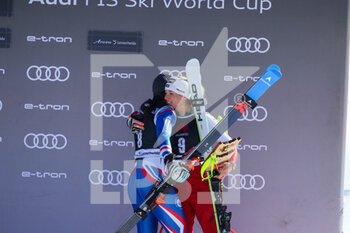 2022-03-05 - Romane Miradoli (FRA) and Lara Gut-Behrami (SUI) on the podium of the Lenzerheide SuperG (SUI) - 2022 FIS SKI WORLD CUP - WOMEN SUPER G - ALPINE SKIING - WINTER SPORTS