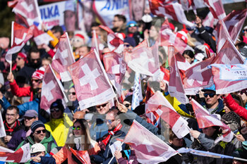 2022-02-27 - CRANS-MONTANA, SWITZERLAND - FEBRUARY 27: Swiss fans during the Audi FIS Alpine Ski World Cup Crans-Montana Women’s Downhill on February 27, 2022 in Crans-Montana, Switzerland. - AUDI FIS ALPINE SKI WORLD CUP CRANS-MONTANA WOMEN'S DOWNHILL - ALPINE SKIING - WINTER SPORTS