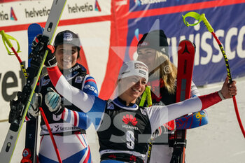 2022-03-05 - 05.03.2022, Lenzerheide, Lenzerheide, FIS Ski World Cup: Lenzerheide Super G Women, Lara Gut-Behrami (Switzerland) third place with Romane Miradoli (France, left 1st place) and Mikaela Shiffrin (United States, 2nd place) - FIS SKI WORLD CUP 2022 - LENZERHEIDE SUPER G WOMEN - ALPINE SKIING - WINTER SPORTS