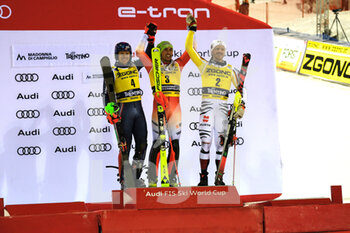 22/12/2022 - Podium of Slalom of Madonna di Campiglio, Daniel Yule (SUI) first place, Henrik Kristoffersen (NOR) second place and Linus Strasser (GER) third place  - FIS ALPINE SKI WORLD CUP - MEN SLALOM - SCI ALPINO - SPORT INVERNALI