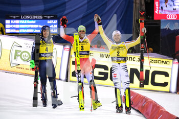 22/12/2022 - Daniel Yule (SUI) first place, Henrik Kristoffersen (NOR) second place and Linus Strasser (GER) third place - FIS ALPINE SKI WORLD CUP - MEN SLALOM - SCI ALPINO - SPORT INVERNALI