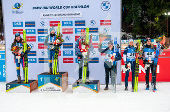 2022-12-16 - Podium during the BMW IBU World Cup 2022, Annecy - Le Grand-Bornand, Women's Sprint, on December 16, 2022 in Le Grand-Bornand, France - BIATHLON - WORLD CUP - LE GRAND BORNAND - WOMEN'S SPRINT - ALPINE SKIING - WINTER SPORTS