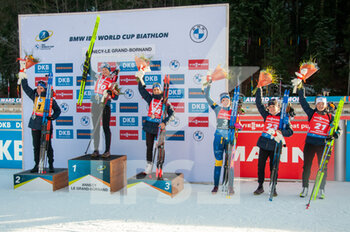 2022-12-18 - Podium during the BMW IBU World Cup 2022, Annecy - Le Grand-Bornand, Women's 12,5 Km Mass Start, on December 18, 2022 in Le Grand-Bornand, France - BIATHLON - WORLD CUP - LE GRAND BORNAND - WOMEN'S MASS START - ALPINE SKIING - WINTER SPORTS