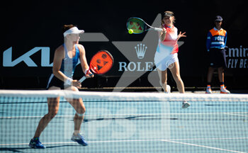 2022-01-19 - Tamara Zidansek of Slovenia & Kaja Juvan of Slovenia in action during the first round of doubles at the 2022 Australian Open, WTA Grand Slam tennis tournament on January 19, 2022 at Melbourne Park in Melbourne, Australia - 2022 AUSTRALIAN OPEN, WTA GRAND SLAM TENNIS TOURNAMENT - INTERNATIONALS - TENNIS