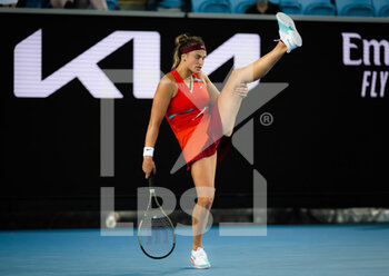 2022-01-24 - Aryna Sabalenka of Belarus in action against Kaia Kanepi of Estonia during the fourth round at the 2022 Australian Open, WTA Grand Slam tennis tournament on January 24, 2022 at Melbourne Park in Melbourne, Australia - 2022 AUSTRALIAN OPEN, WTA GRAND SLAM TENNIS TOURNAMENT - INTERNATIONALS - TENNIS