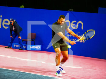 2022-02-02 - Jo-Wilfried Tsonga of France in action against Filip Krajinovic of Serbia during the Open Sud de France 2022, ATP 250 tennis tournament on February 2, 2022 at Sud de France Arena in Montpellier, France - OPEN SUD DE FRANCE 2022, ATP 250 TENNIS TOURNAMENT - INTERNATIONALS - TENNIS