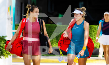 2022-03-27 - Aryna Sabalenka of Belarus & Paula Badosa of Spain on their way to play doubles at the 2022 Miami Open, WTA Masters 1000 tennis tournament on March 27, 2022 at Hard Rock stadium in Miami, USA - 2022 MIAMI OPEN, WTA MASTERS 1000 TENNIS TOURNAMENT - INTERNATIONALS - TENNIS