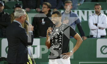 2022-04-11 - Jo-Wilfried Tsonga of France answers to Marc Maury after his first round defeat during day 2 of the Rolex Monte-Carlo Masters 2022, an ATP Masters 1000 tennis tournament on April 11, 2022, held at the Monte-Carlo Country Club in Roquebrune-Cap-Martin, France - ROLEX MONTE-CARLO MASTERS 2022, ATP MASTERS 1000 TENNIS TOURNAMENT - INTERNATIONALS - TENNIS