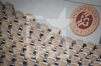 2022-05-18 - Illustration of the seats in the stands and the official logo during the Qualifying Day three of Roland-Garros 2022, French Open 2022, Grand Slam tennis tournament on May 18, 2022 at the Roland-Garros stadium in Paris, France - ROLAND-GARROS 2022, FRENCH OPEN 2022, GRAND SLAM TENNIS TOURNAMEN - INTERNATIONALS - TENNIS