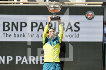 2022-06-05 - Rafael "Rafa" Nadal of Spain receives The Musketeers' Trophy ("La Coupe des Mousquetaires") after the French Open final against Casper Ruud, Grand Slam tennis tournament on June 5, 2022 at Roland-Garros stadium in Paris, France - TENNIS - ROLAND GARROS 2022 - WEEK 2 - INTERNATIONALS - TENNIS