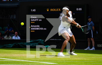2022-07-02 - Cori Gauff of the United States in action against Amanda Anisimova of the United States during the third round of the 2022 Wimbledon Championships, Grand Slam tennis tournament on July 2, 2022 at All England Lawn Tennis Club in Wimbledon near London, England - TENNIS - WIMBLEDON 2022 - INTERNATIONALS - TENNIS