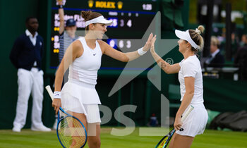 2022-07-02 - Belinda Bencic of Switzerland playing doubles with Storm Sanders of Australia at the 2022 Wimbledon Championships, Grand Slam tennis tournament on July 2, 2022 at All England Lawn Tennis Club in Wimbledon near London, England - TENNIS - WIMBLEDON 2022 - INTERNATIONALS - TENNIS