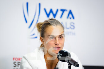 2022-11-01 - Aryna Sabalenka of Belarus talks to the media after her first round-robin match at the 2022 WTA Finals Fort Worth tennis tournament on October 31, 2022 in Fort Worth, United States - TENNIS - 2022 WTA FINALS FORT WORTH - INTERNATIONALS - TENNIS