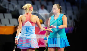 2022-11-01 - Jelena Ostapenko of Latvia & Lyudmyla Kichenok of Ukraine in action during their first round-robin doubles match at the 2022 WTA Finals Fort Worth tennis tournament on November 1, 2022 in Fort Worth, United States - TENNIS - 2022 WTA FINALS FORT WORTH - INTERNATIONALS - TENNIS
