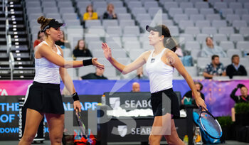 2022-11-01 - Beatriz Haddad Maia of Brazil & Anna Danilina of Kazakhstan in action during their first round-robin doubles match of the 2022 WTA Finals Fort Worth tennis tournament on November 1, 2022 in Fort Worth, United States - TENNIS - 2022 WTA FINALS FORT WORTH - INTERNATIONALS - TENNIS