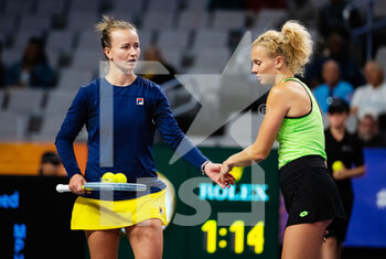 2022-11-02 - Barbora Krejcikova of the Czech Republic & Katerina Siniakova of the Czech Republic in action during the second round-robin doubles match at the 2022 WTA Finals Fort Worth tennis tournament on November 2, 2022 in Fort Worth, United States - TENNIS - 2022 WTA FINALS FORT WORTH - INTERNATIONALS - TENNIS