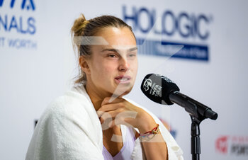 2022-11-06 - Aryna Sabalenka of Belarus talks to the media after the semi-final against Iga Swiatek of Poland at the 2022 WTA Finals Fort Worth tennis tournament on November 6, 2022 in Fort Worth, United States - TENNIS - 2022 WTA FINALS FORT WORTH - INTERNATIONALS - TENNIS