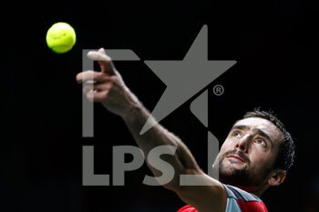 23/11/2022 - Marin Cilic of Croatia in action against Pablo Carreno of Spain during the second tennis match from Davis Cup Finals 2022, Quarter-Finals round, played between Croatia and Spain on november 23, 2022 at Palacio de Deportes Martin Carpena pavilion in Malaga, Spain - TENNIS - DAVIS CUP FINALS 2022 - CROATIA V SPAIN - INTERNAZIONALI - TENNIS