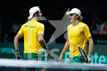 2022-11-25 - Max Purcell and Jordan Thompson of Australia play doubles against Nikola Mektic and Mate Pavic of Croatia during the third doubles tennis match from Davis Cup Finals 2022, Semi-Finals round, played between Australia v Croatia on november 25, 2022 at Palacio de Deportes Martin Carpena pavilion in Malaga, Spain - TENNIS - DAVIS CUP FINALS 2022 - AUSTRALIA V CROATIA - INTERNATIONALS - TENNIS