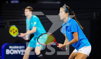 2022-12-30 - Zhibek Kulambayeva of Kazakhstan in action during the mixed-doubles match at the 2023 United Cup Brisbane tennis tournament on December 30, 2022 in Brisbane, Australia - TENNIS - UNITED CUP 2023 - INTERNATIONALS - TENNIS