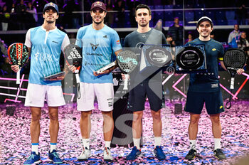2022-12-11 - Juan Lebron of Spain, Alejandro Galan of Spain, Lucas Bergamini of Brazil and Victor Ruiz of Spain during the cerimony awards the Final of Milan Premier Padel P1 2022 celebrated at Allianz Cloud on December 12, 2022, in Milan, Italy. - PREMIER PADEL - FINALS - PADEL - TENNIS