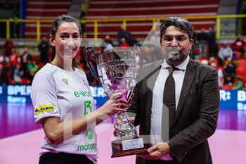 2022-10-20 - Rossella Olivotto #13 of UYBA Unet E-Work Busto Arsizio with Giuseppe Pirola President of UYBA Unet E-Work Busto Arsizio during the Trofeo Mimmo Fusco 2022 at E-Work Arena on October 20, 2022 in Busto Arsizio, Italy - 2022 MIMMO FUSCO TROPHY - PORTRAITS ARCHIVE - SERIE A1 WOMEN - VOLLEYBALL