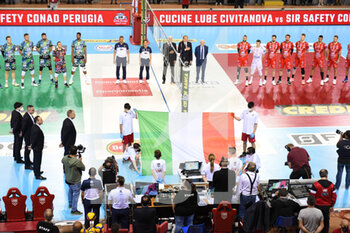 2022-05-04 - The Players of the Cucine Lube Civitanovae ad Sir Safety Conad Perugia lined up on the playing field - PLAY OFF - CUCINE LUBE CIVITANOVA VS SIR SAFETY CONAD PERUGIA	 - SUPERLEAGUE SERIE A - VOLLEYBALL