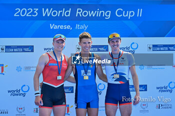 2023-06-16 - Lightweight Men's Single Sculls Final A: Andri Struzinav(SUI), silver medal, Niels Torre (ITA) gold medal, Baptiste Savaete (FRA) silver medal - 2023 WORLD ROWING CUP II - ROWING - OTHER SPORTS