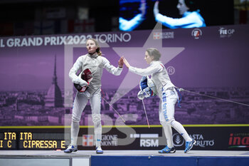 12/02/2023 - Camilla Mancini (ITA) and Erica Cipressa (ITA) at the end of the semi-final - 2023 FOIL GRAND PRIX - INALPI TROPHY - SCHERMA - ALTRO