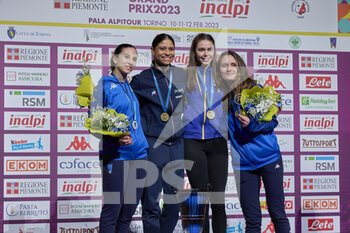 12/02/2023 - Erica Cipressa (ITA), Ysaora Thibus (FRA), Alina Poloziuk (UKR) and Camilla Mancini (ITA) on the podium - 2023 FOIL GRAND PRIX - INALPI TROPHY - SCHERMA - ALTRO