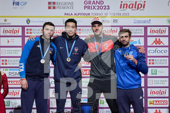 12/02/2023 - Filippo Macchi (ITA), Gerek Meinhardt (USA), Alexander Choupenitch (CZE) and Daniele Garozzo (ITA) on the podium - 2023 FOIL GRAND PRIX - INALPI TROPHY - SCHERMA - ALTRO