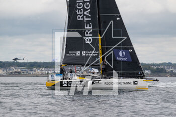 2023-05-02 - Gaston Morvan and Anne-Claire Le Berre (RÉGION BRETAGNE - CMB PERFORMANCE) during the start of the Transat Paprec 2023, Figaro Bénéteau Class, transatlantic race in mixed doubles between Concarneau and Saint-Barthelemy (French Antilles islands) on April 30, 2023 in Concarneau, France - SAILING - TRANSAT PAPREC 2023 - SAILING - OTHER SPORTS