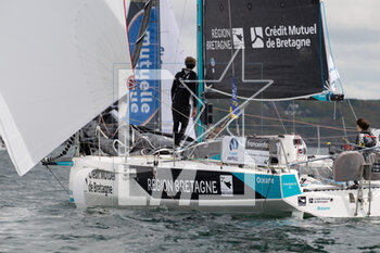 2023-05-02 - Chloe Le Bars and Hugo Dhallenne (RÉGION BRETAGNE - CMB OCÉANE) during the start of the Transat Paprec 2023, Figaro Bénéteau Class, transatlantic race in mixed doubles between Concarneau and Saint-Barthelemy (French Antilles islands) on April 30, 2023 in Concarneau, France - SAILING - TRANSAT PAPREC 2023 - SAILING - OTHER SPORTS