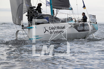 2023-05-02 - Chloe Le Bars and Hugo Dhallenne (RÉGION BRETAGNE - CMB OCÉANE) during the start of the Transat Paprec 2023, Figaro Bénéteau Class, transatlantic race in mixed doubles between Concarneau and Saint-Barthelemy (French Antilles islands) on April 30, 2023 in Concarneau, France - SAILING - TRANSAT PAPREC 2023 - SAILING - OTHER SPORTS