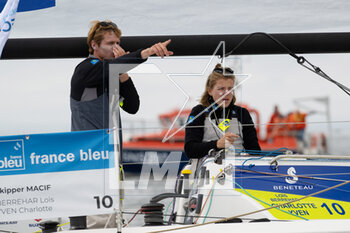 2023-05-02 - Loïs Berrehar and Charlotte Yven (SKIPPER MACIF) during the start of the Transat Paprec 2023, Figaro Bénéteau Class, transatlantic race in mixed doubles between Concarneau and Saint-Barthelemy (French Antilles islands) on April 30, 2023 in Concarneau, France - SAILING - TRANSAT PAPREC 2023 - SAILING - OTHER SPORTS