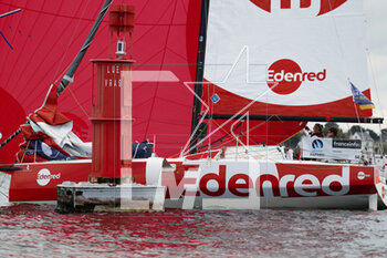 2023-05-02 - Basile Bourgnon and Violette Dorange (Edenred) during the start of the Transat Paprec 2023, Figaro Bénéteau Class, transatlantic race in mixed doubles between Concarneau and Saint-Barthelemy (French Antilles islands) on April 30, 2023 in Concarneau, France - SAILING - TRANSAT PAPREC 2023 - SAILING - OTHER SPORTS