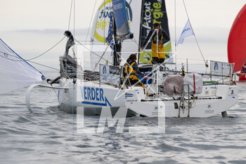 2023-05-02 - Alicia de Pfyffer and Edouard Golbery (RACE FOR SCIENCE - VERDER) during the start of the Transat Paprec 2023, Figaro Bénéteau Class, transatlantic race in mixed doubles between Concarneau and Saint-Barthelemy (French Antilles islands) on April 30, 2023 in Concarneau, France - SAILING - TRANSAT PAPREC 2023 - SAILING - OTHER SPORTS