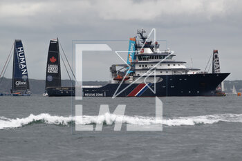 2023-05-08 - Fleet illustration and Abeille Bourbon, intervention, assistance and rescue tug during the start of the Guyader Bermudes 1000 Race 2023, IMOCA Globe Series sailing race on May 7, 2023 in Brest, France - SAILING - GUYADER BERMUDES 1000 RACE 2023 - SAILING - OTHER SPORTS