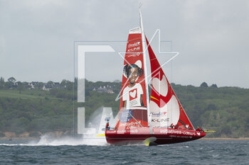 2023-05-08 - Samantha Davies and Damien Seguin, Initiatives Coeur during the Pom'Potes Challenge, speed runs in Brest harbor during the Guyader Bermudes 1000 Race 2023, IMOCA Globe Series sailing race on May 5, 2023 in Brest, France - SAILING - GUYADER BERMUDES 1000 RACE 2023 - SAILING - OTHER SPORTS