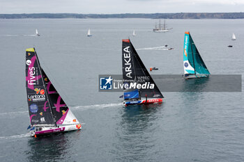 2023-05-07 - Louis Duc and Halvard Mabire, Fives Group – Lantana Environnement - Yoann Richomme and Yann Eliès, Paprec Arkéa - Sam Goodchild and Antoine Koch, For the Planet during the start of the Guyader Bermudes 1000 Race 2023, IMOCA Globe Series sailing race on May 7, 2023 in Brest, France - SAILING - GUYADER BERMUDES 1000 RACE 2023 - SAILING - OTHER SPORTS