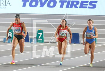 03/03/2023 - Mujinga Kambundji of Switzerland, Jael Bestue of Spain and Anna Bongiorni of Italy, Semi Final Women's 60 m during the European Athletics Indoor Championships 2023 on March 3 2023 at Atakoy Arena in Istanbul, Turkey - ATHLETICS - EUROPEAN INDOOR CHAMPIONSHIPS - INTERNAZIONALI - ATLETICA