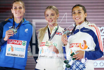 05/03/2023 - Anita Horvat of Slovenia, Keely Hodgkinson of Great Britain, Agnès Raharolahy of France, 800 m Women Podium during the European Athletics Indoor Championships 2023 on March 2, 2023 at Atakoy Arena in Istanbul, Turkey - ATHLETICS - EUROPEAN INDOOR CHAMPIONSHIPS - INTERNAZIONALI - ATLETICA