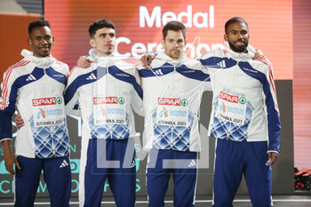 05/03/2023 - Gilles Biron, Téo Andant, Victor Coroller and Muhammad Abdallah Kounta of France, Podium 4X400 m Men during the European Athletics Indoor Championships 2023 on March 5, 2023 at Atakoy Arena in Istanbul, Turkey - ATHLETICS - EUROPEAN INDOOR CHAMPIONSHIPS - INTERNAZIONALI - ATLETICA