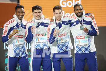 05/03/2023 - Gilles Biron, Téo Andant, Victor Coroller and Muhammad Abdallah Kounta of France, Podium 4X400 m Men during the European Athletics Indoor Championships 2023 on March 5, 2023 at Atakoy Arena in Istanbul, Turkey - ATHLETICS - EUROPEAN INDOOR CHAMPIONSHIPS - INTERNAZIONALI - ATLETICA