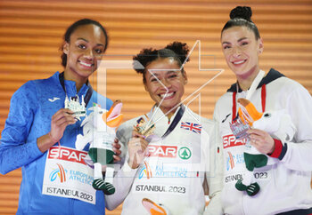 05/03/2023 - Larissa Iapichino of Italy, Jazmin Sawyers of Great Britain and Ivana Vuleta of Serbia, Podium Long Jump Women during the European Athletics Indoor Championships 2023 on March 5, 2023 at Atakoy Arena in Istanbul, Turkey - ATHLETICS - EUROPEAN INDOOR CHAMPIONSHIPS - INTERNAZIONALI - ATLETICA