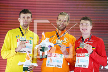 05/03/2023 - Andriy Protsenko of Ukraine Silver medal, Douwe Amels of Netherlands Gold medal and Thomas Carmoy of Belgium Bronze medal, Podium High Jump Men during the European Athletics Indoor Championships 2023 on March 5, 2023 at Atakoy Arena in Istanbul, Turkey - ATHLETICS - EUROPEAN INDOOR CHAMPIONSHIPS - INTERNAZIONALI - ATLETICA