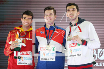 05/03/2023 - Adel Mechaal of Spain Silver medal, Jakob Ingebrigtsen of Norway Gold medal, Elzan Bibic of Serbia, Podium 3000m Men during the European Athletics Indoor Championships 2023 on March 5, 2023 at Atakoy Arena in Istanbul, Turkey - ATHLETICS - EUROPEAN INDOOR CHAMPIONSHIPS - INTERNAZIONALI - ATLETICA