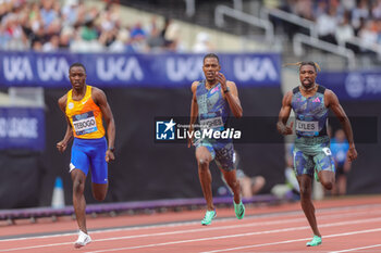 2023-07-23 - Letsile TEBOGO of Botswana 2nd place, Zharnel HUGHES of Great Britain & NI 3rd place, Noah LYLES of the the United States 1st place, Men’s 200m during the London Athletics Meet, Wanda Diamond League meeting on 23 July 2023 at the London Stadium in London, England - ATHLETICS - DIAMOND LEAGUE 2023 - LONDON - INTERNATIONALS - ATHLETICS