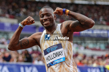 2023-07-23 - Grant HOLLOWAY of the United States celebrates after winning the Men's 110m Hurdles during the London Athletics Meet, Wanda Diamond League meeting on 23 July 2023 at the London Stadium in London, England - ATHLETICS - DIAMOND LEAGUE 2023 - LONDON - INTERNATIONALS - ATHLETICS